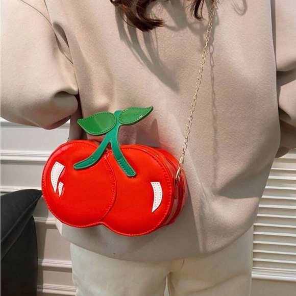 Red Cherry-Shaped Mini Crossbody Bag with Green Leaf Accent - Picture 9 of 10